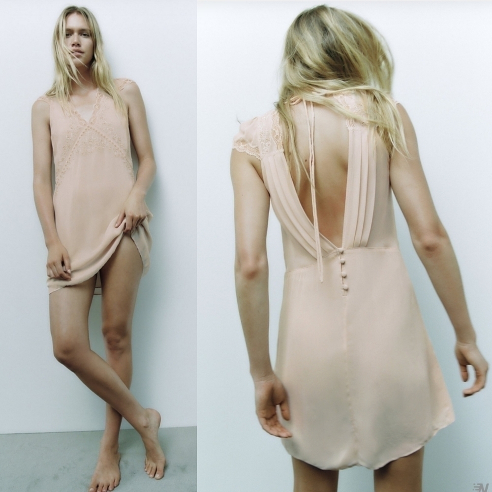 New Zara Limited Edition Embroidered Beaded Lace Blush Slip Mini Dress NWT Large